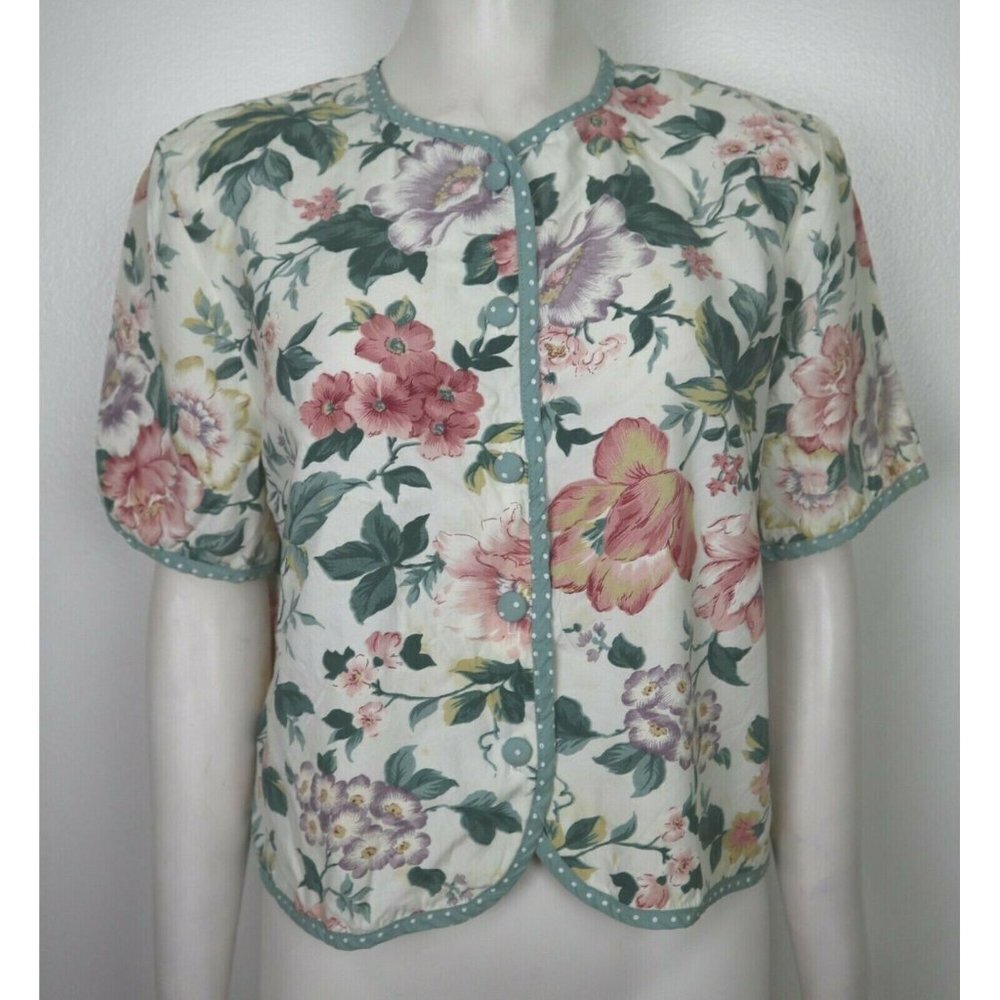 VINTAGE WOMEN'S FLORAL PRINT BUTTON-UP BLOUSE - FR SPORT PETITES - SIZE PL
